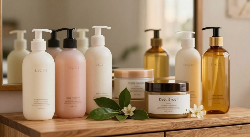 A beautifully arranged display of hair care products for dry and frizzy hair, featuring a variety of items like nourishing shampoos, hydrating conditioners, deep treatment masks, and smoothing serums. The foreground showcases elegantly designed bottles with rich textures and colors, such as creamy whites, soft pastels, and vibrant golds, all placed on a wooden vanity. In the middle, a few fresh green leaves and delicate flowers add a natural touch, symbolizing hydration and nourishment. The background is softly blurred, with warm, inviting lighting that creates a tranquil and spa-like atmosphere. Capture the essence of gentle care and rejuvenation, creating a sense of hope and restoration for dry hair.