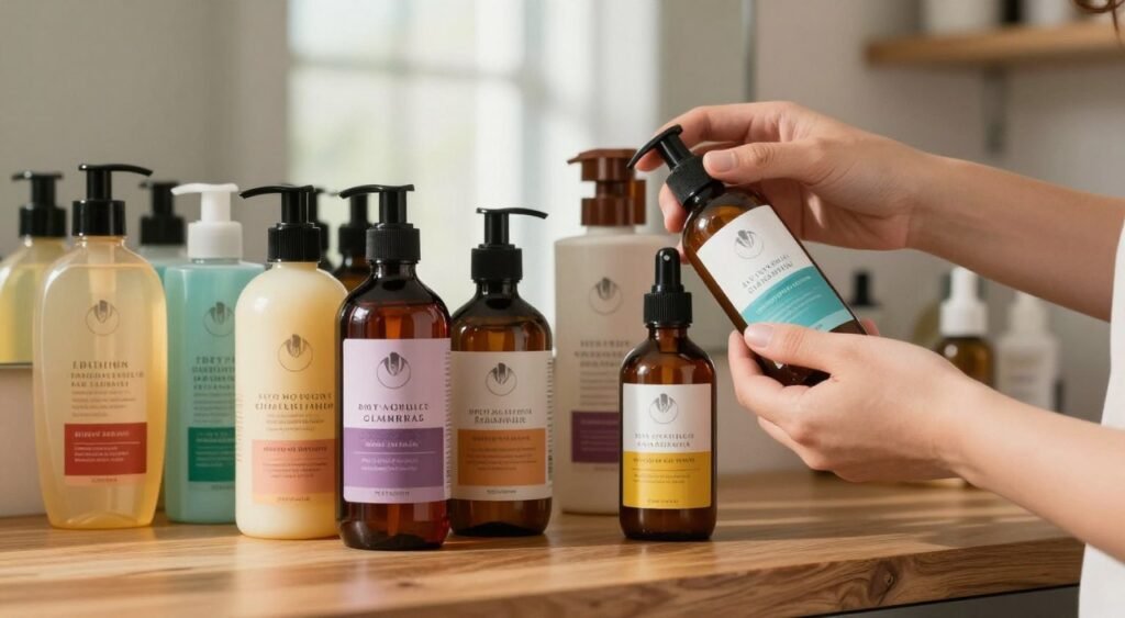 A close-up shot showcasing a vibrant array of hair care products designed specifically for dry and frizzy hair, arranged artfully on a polished wooden countertop. In the foreground, highlight elegant bottles of shampoos, conditioners, and hair serums with colorful labels, capturing the light to create a glossy effect. The middle layer features a pair of hands gently holding a bottle, conveying a sense of care and attention. In the background, soft natural light filters through a window, casting gentle shadows to create a warm, inviting atmosphere. The overall mood should feel nurturing and professional, reflecting the theme of hair care and maintenance, while emphasizing the transformative potential of these products.